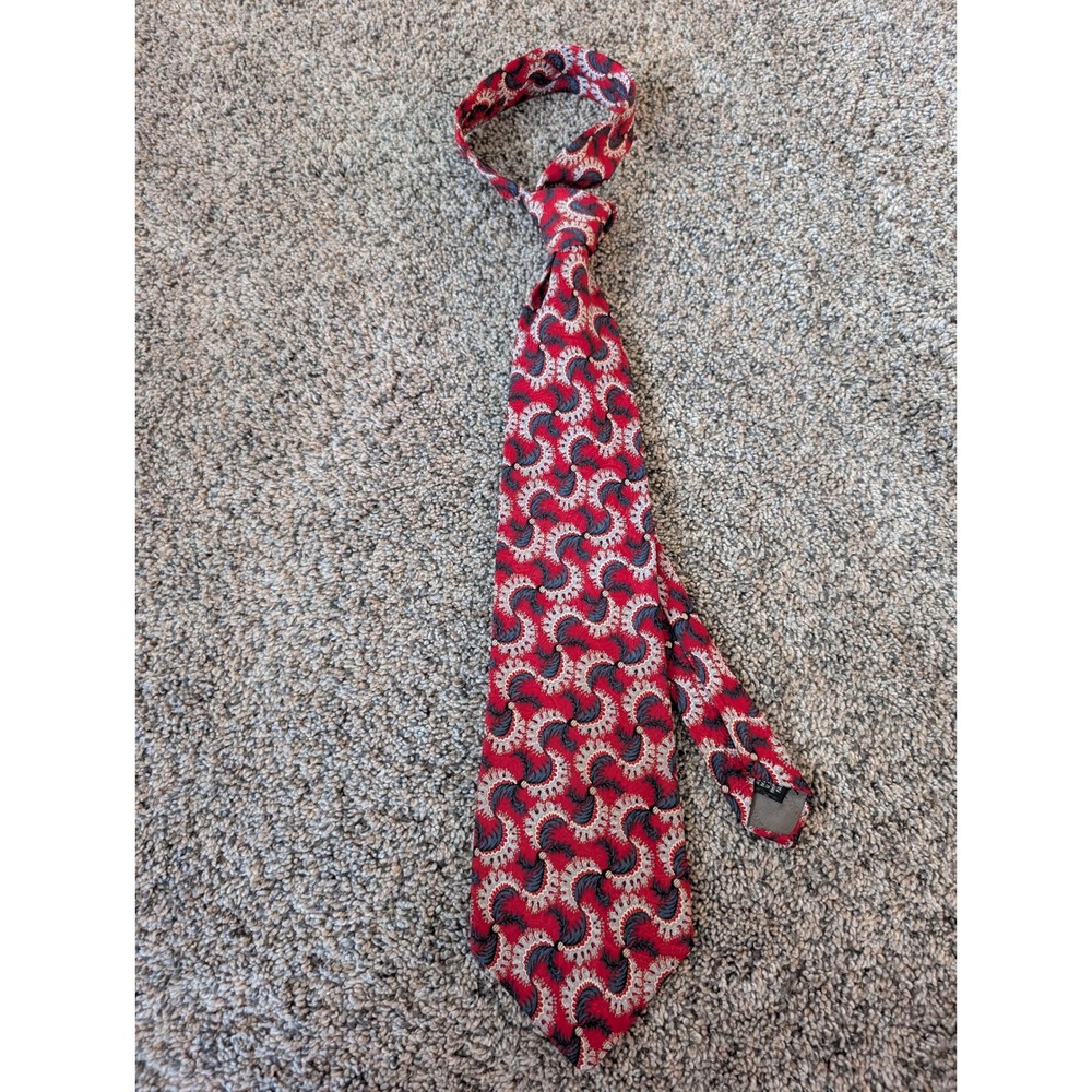 Christian Dior Monsieur Mens Red Silk Ornate Pattern Vintage Necktie Made in USA